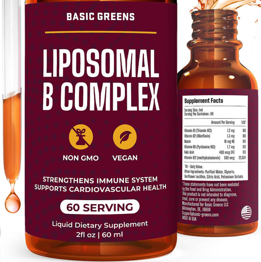 Front view of BASIC GREENS Liposomal B Vitamins Liquid bottle (2 oz).
