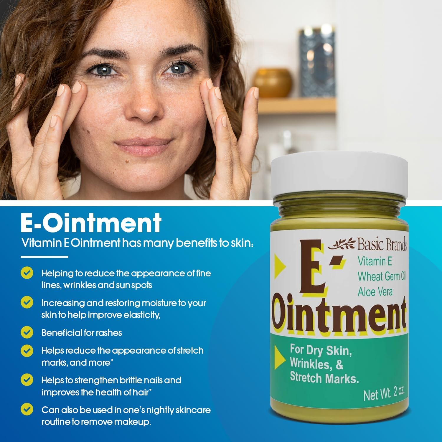 Basic Organics Vitamin E Ointment packaging display shows a compact 2 oz bottle.