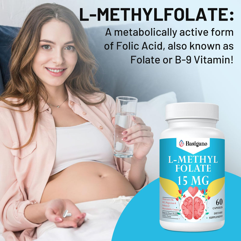 Back of bottle with dosage information for Basigano L-Methylfolate 15mg