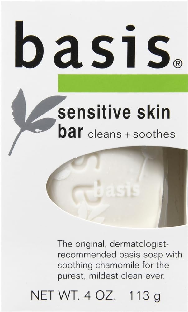 Basis Sensitive Skin Cleansing Bar with chamomile extract provides soothing touch.