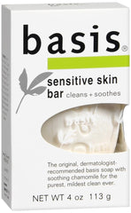Basis Sensitive Skin Cleansing Bar produces rich lather for gentle facial cleansing.