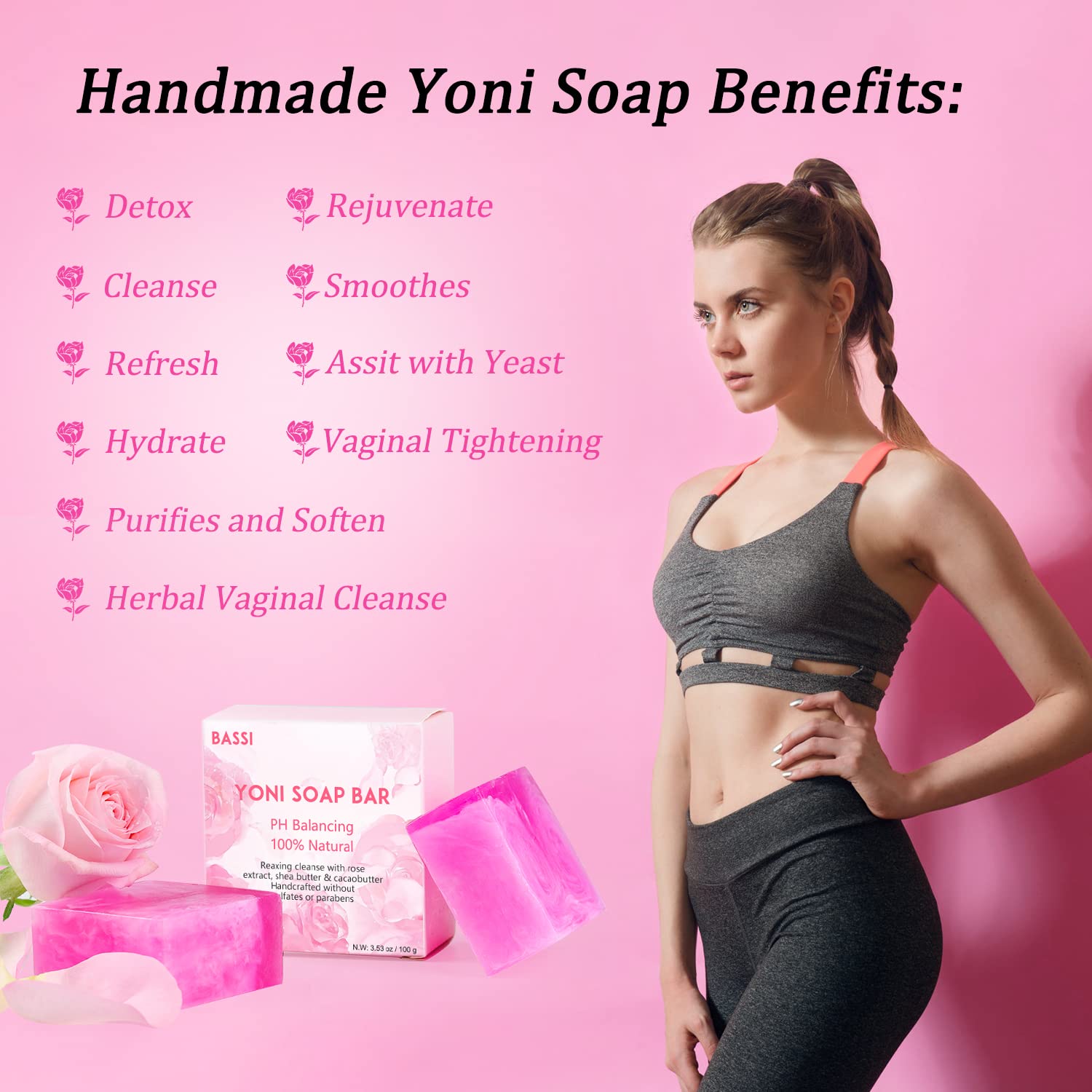 BASSI yoni soap bar ingredients photo highlights rose essence and shea butter