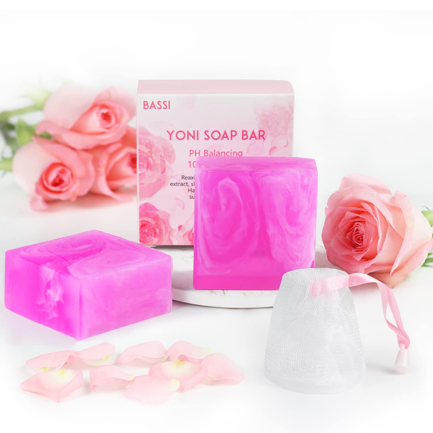 BASSI yoni soap bar packaging highlights natural ingredients for gentle, pH-balanced cleansing