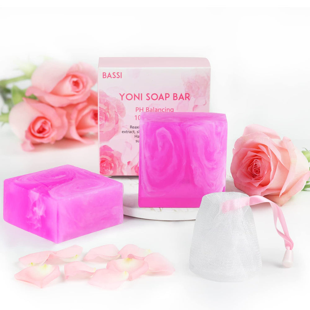 BASSI yoni soap bar packaging highlights natural ingredients for gentle, pH-balanced cleansing