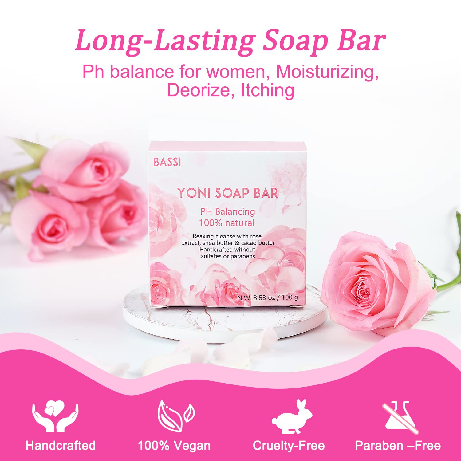 BASSI yoni soap bar rose petals close-up suggests luxury cleansing and softness