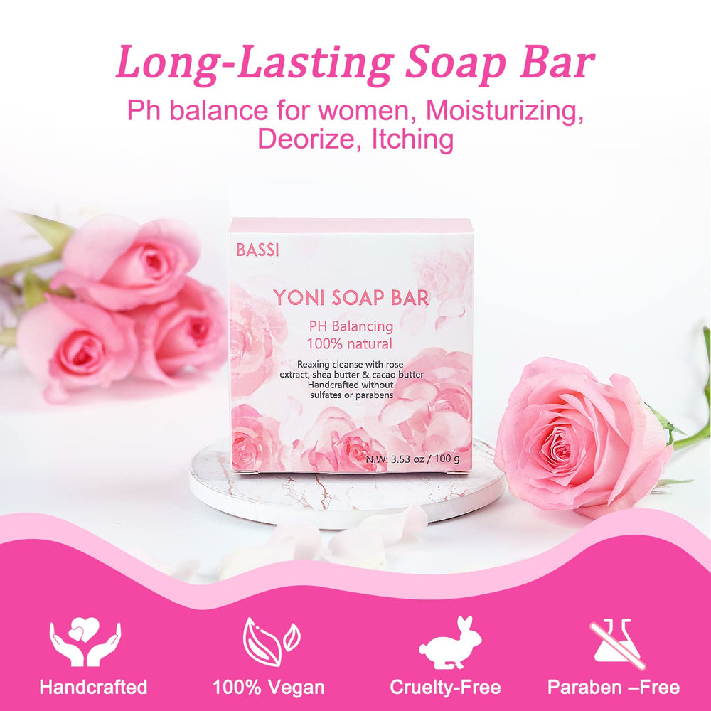 BASSI yoni soap bar rose petals close-up suggests luxury cleansing and softness