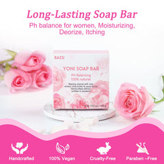 BASSI yoni soap bar rose petals close-up suggests luxury cleansing and softness