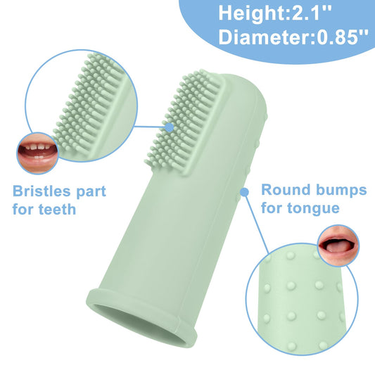 Close-up of soft silicone bristles on baby finger toothbrush