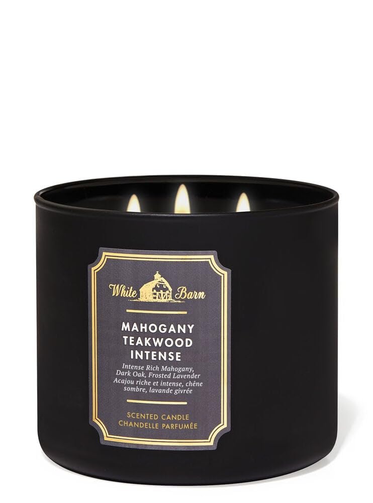 Bath and Body Works Mahogany Teakwood High Intensity jar closeup reveals rich fragrance for relaxing spaces.
