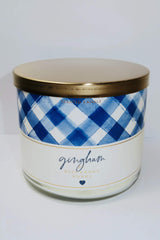 Bath & Body Works Gingham 3-Wick Candle 14.5 oz front label (White Barn)