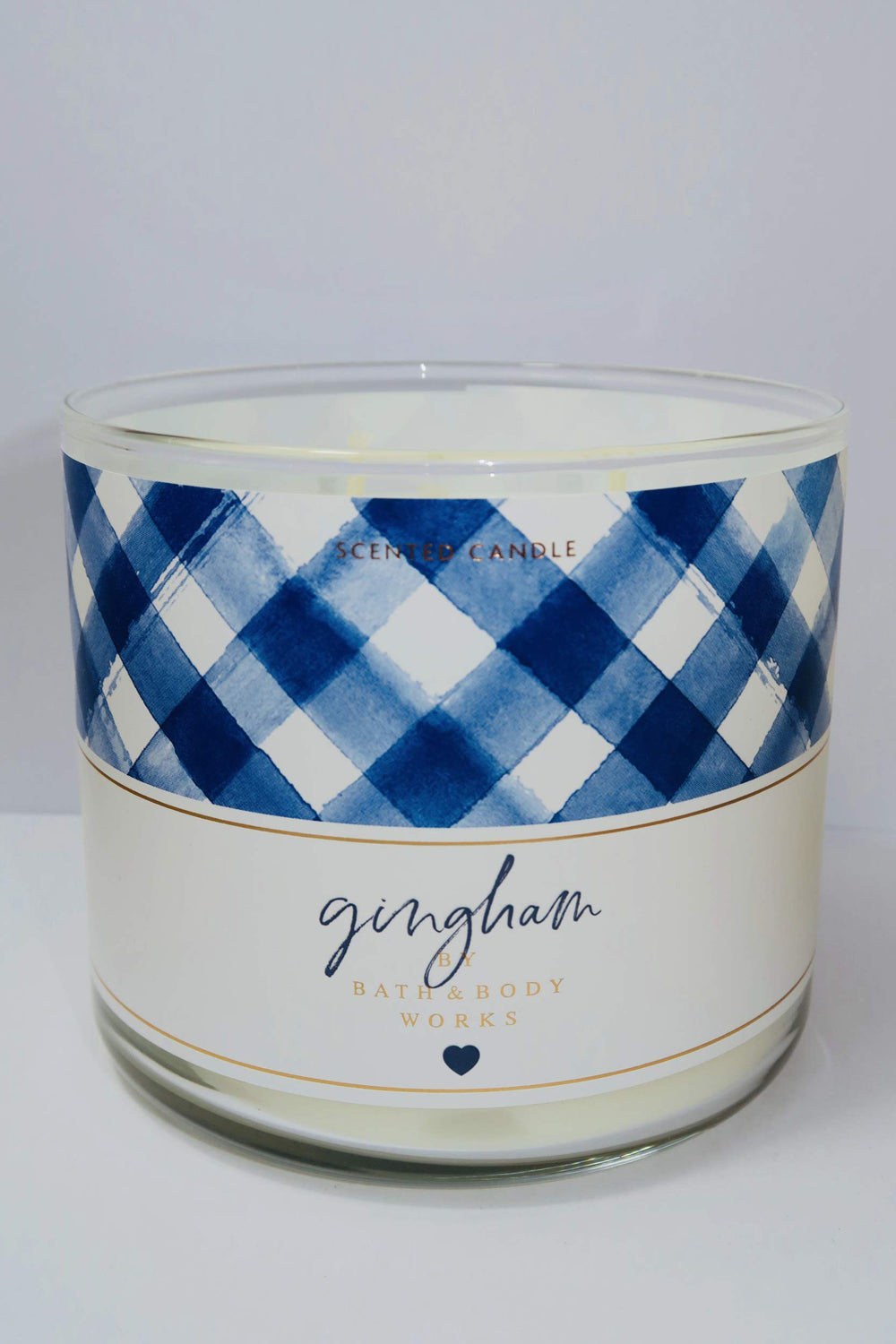Gingham scent notes: Blue Freesia, White Peach, Fresh Clementine with Essential Oils on 14.5 oz 3-Wick candle