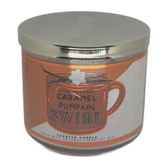 Close-up of Caramel Pumpkin Swirl White Barn 3-Wick Candle jar for Autumn 2021