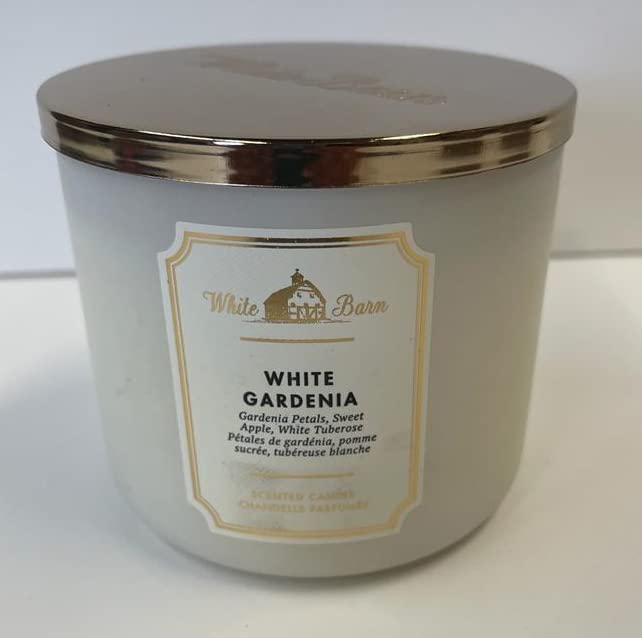 Close-up of White Gardenia candle packaging showing rustic styling and 3 wicks