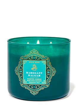 Bath & Body Works White Barn Mahogany Balsam 3-wick candle jar for cozy winter ambiance.