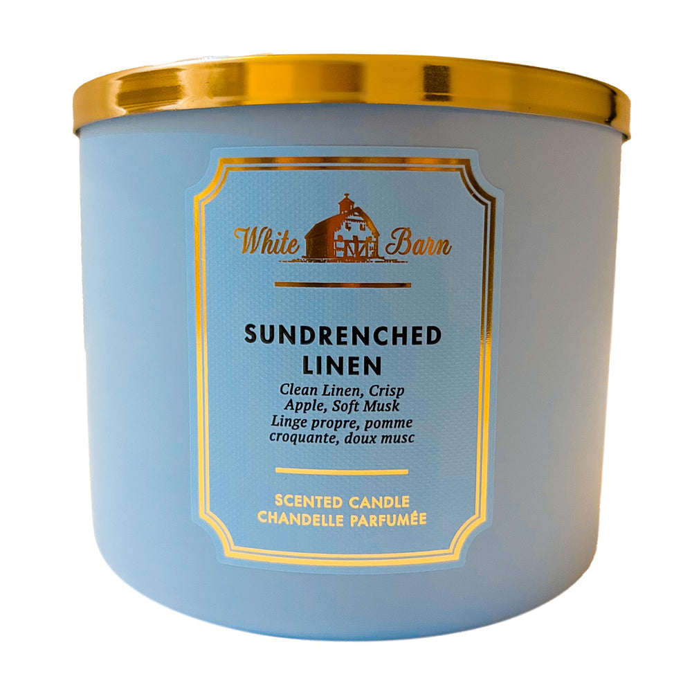 Bath & Body Works White Barn Sundrenched Linen 3-Wick Candle 14.5 oz - front view