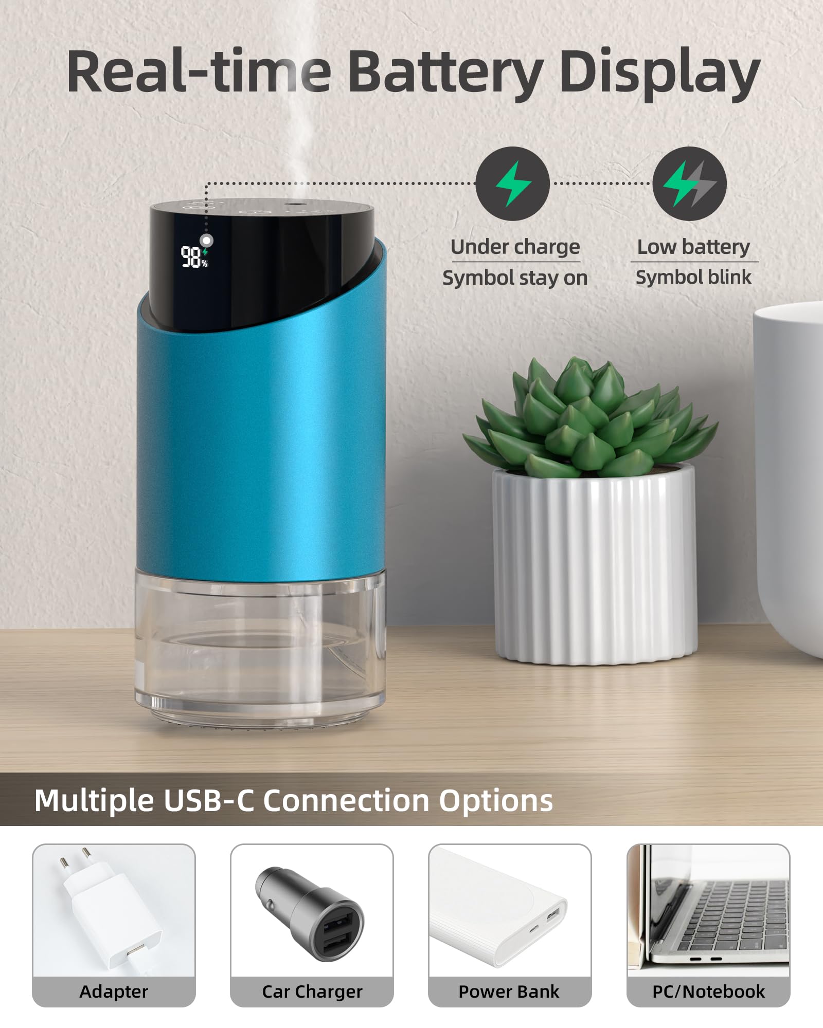Blue battery-powered diffuser with 2000mAh battery