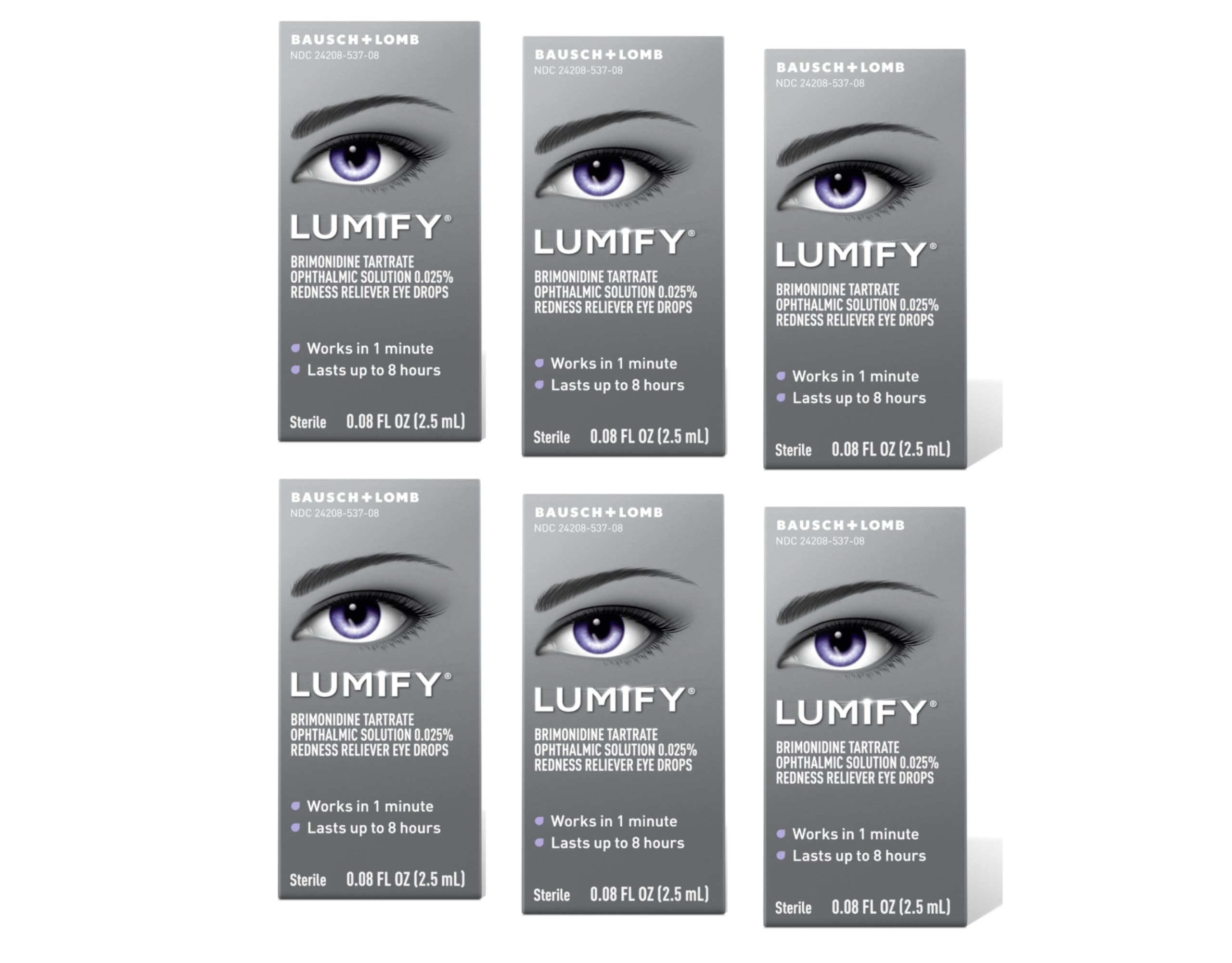 Lumify by Bausch and Lomb bottle in a six-pack for redness relief and brighter eyes.