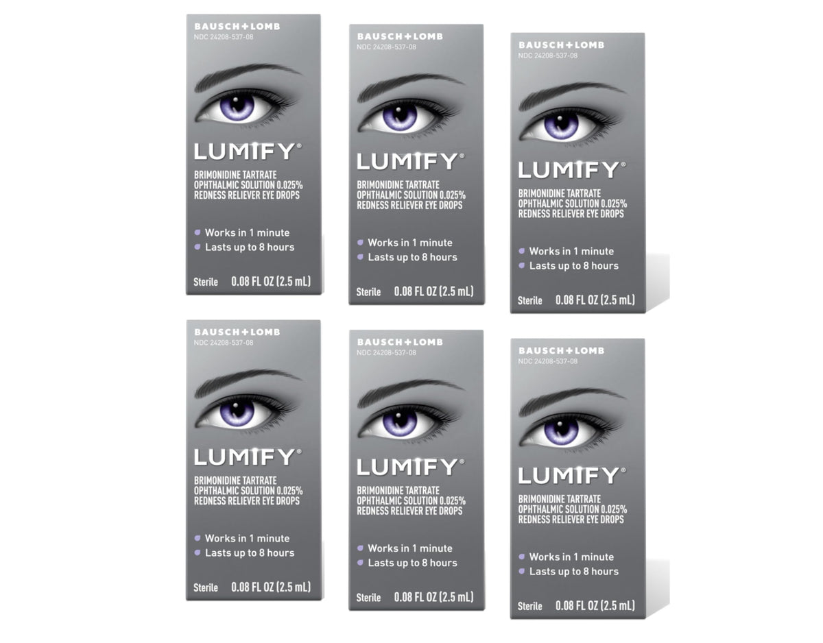 Lumify by Bausch and Lomb bottle in a six-pack for redness relief and brighter eyes.