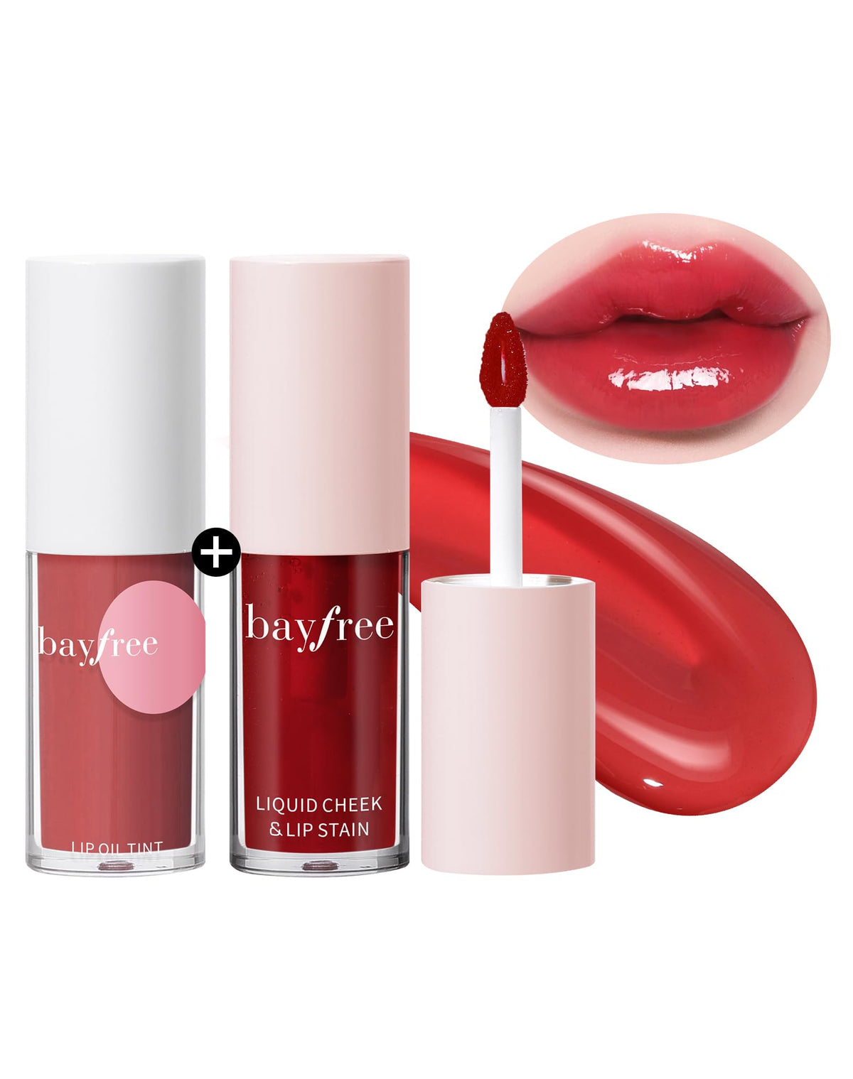Bayfree tinted lip oil and lip stain set packaging closeup for on-the-go glamour.