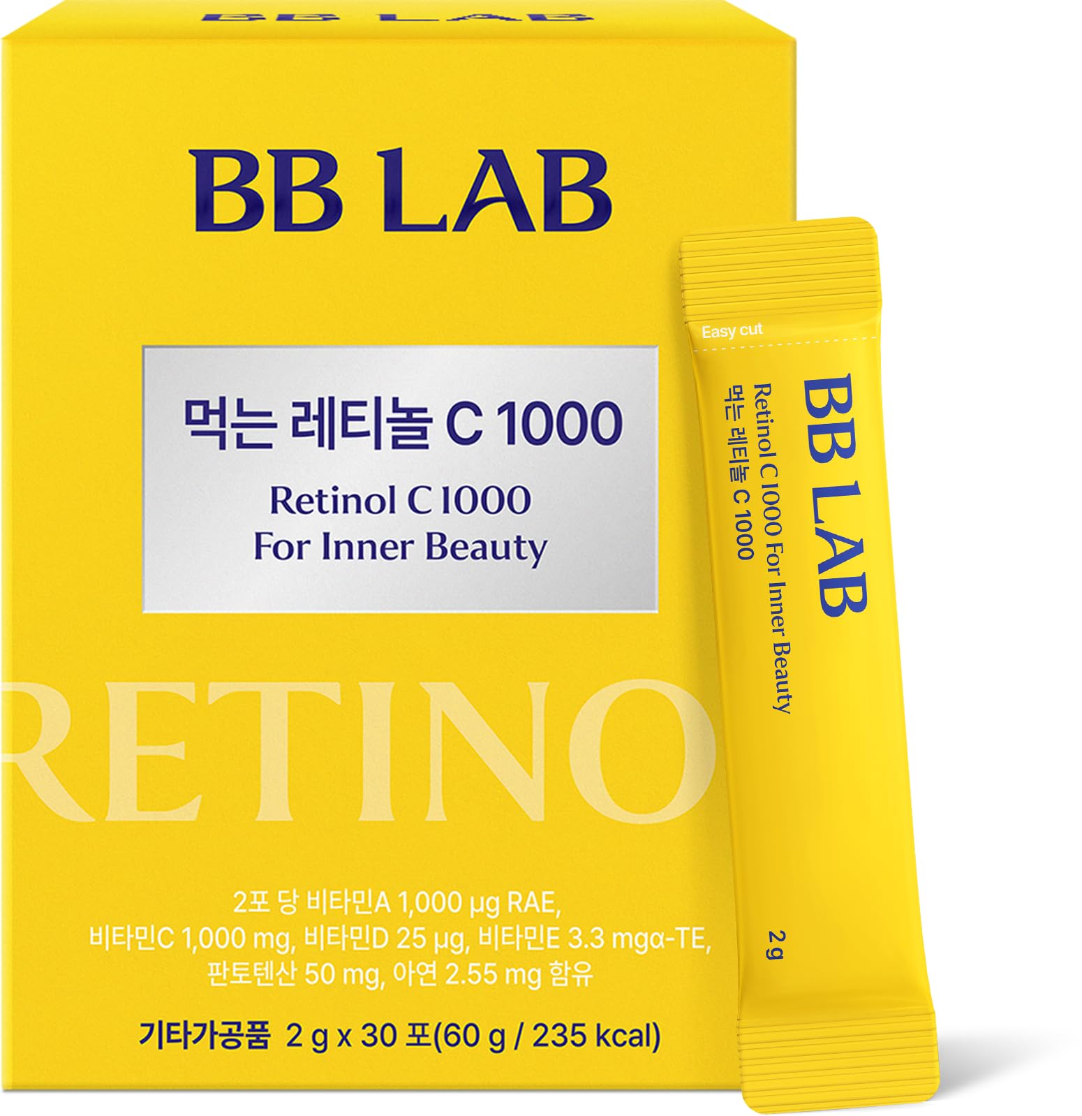 Hero shot of BB LAB Retinol C 1000 Powder Blend bottle with Vitamin C, E, B5 and Zinc