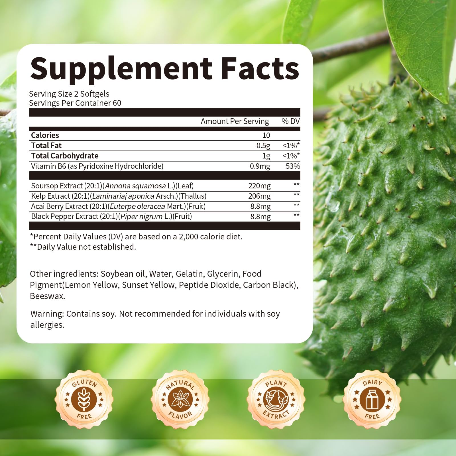 Close-up of BBEEAAUU Soursop Graviola Capsules with kelp imagery