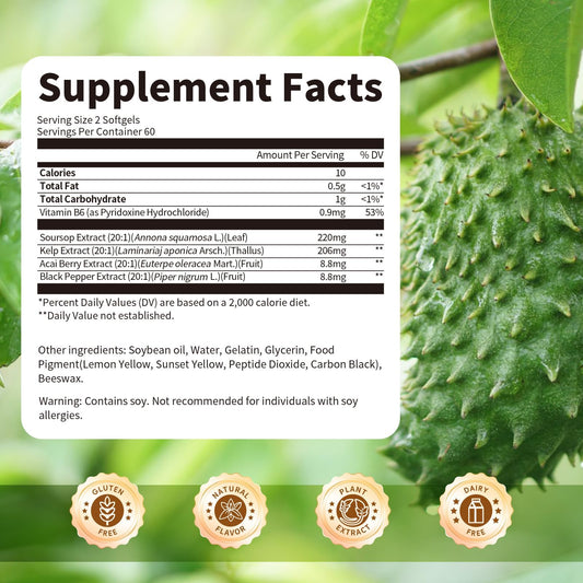 Close-up of BBEEAAUU Soursop Graviola Capsules with kelp imagery