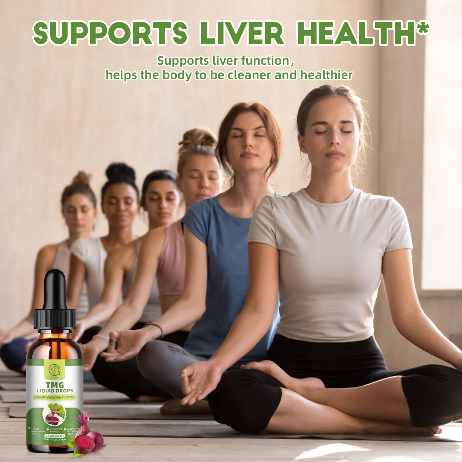BBEEAAUU TMG drops ingredients list highlights natural extracts and vegan formula.
