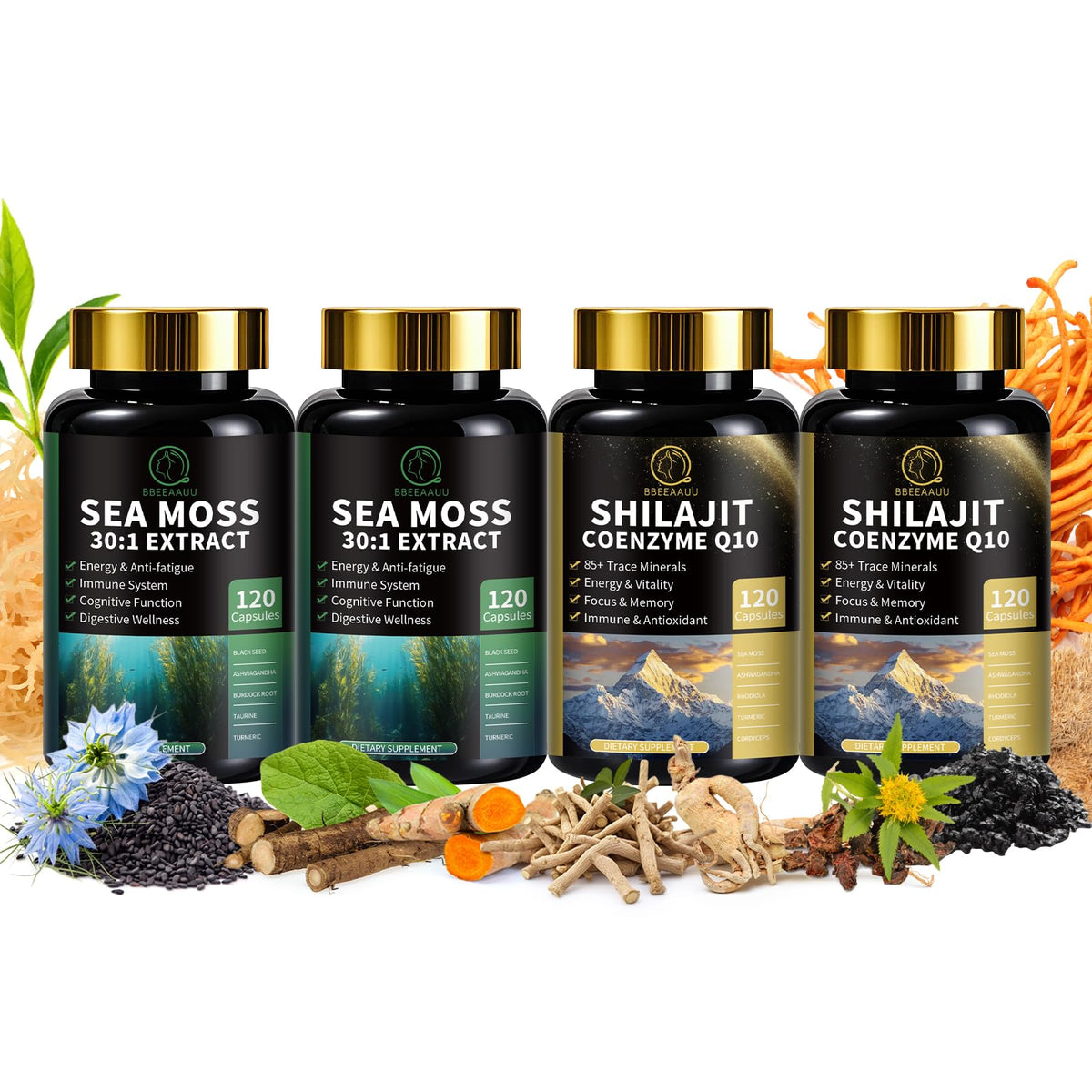 Front view of BBEEAAUU Sea Moss and Shilajit Bundle