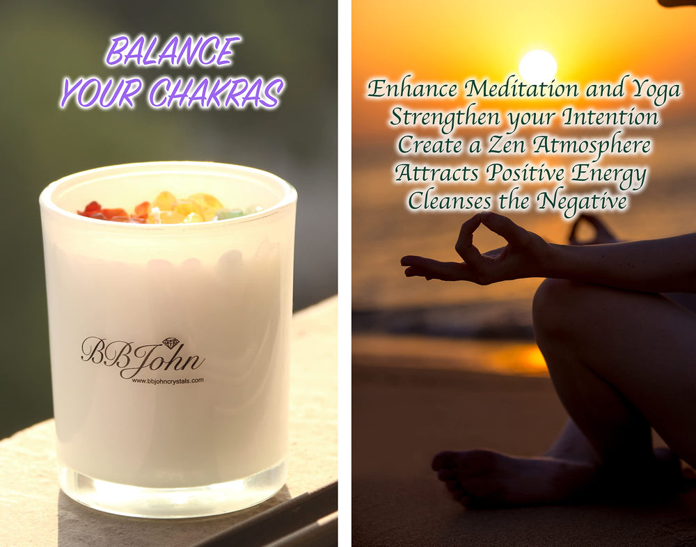 BBJohn Chakra Crystal Candle glowing softly for relaxing yoga ambiance.