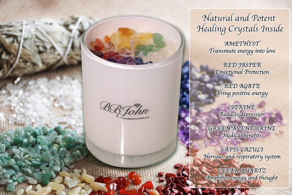 BBJohn Chakra Crystal Candle soy wax and lead-free wick for a clean burn.