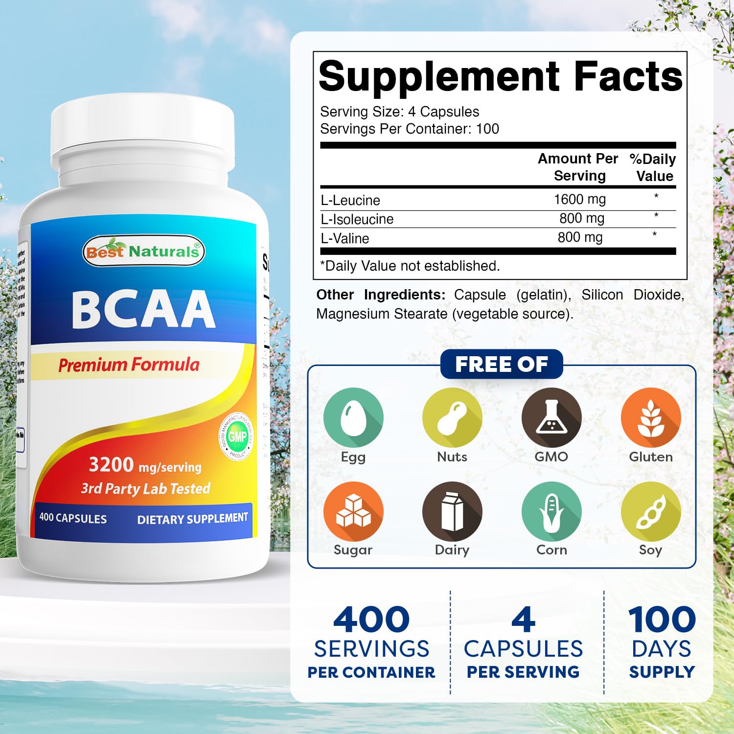 Graphic showing 3200mg BCAA per serving