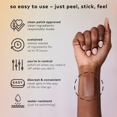 Close-up of Be Calm Patch ingredients: hemp extract, ashwagandha, and passionflower