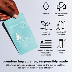 Patch ingredients infographic showing hemp extract, ashwagandha, passionflower