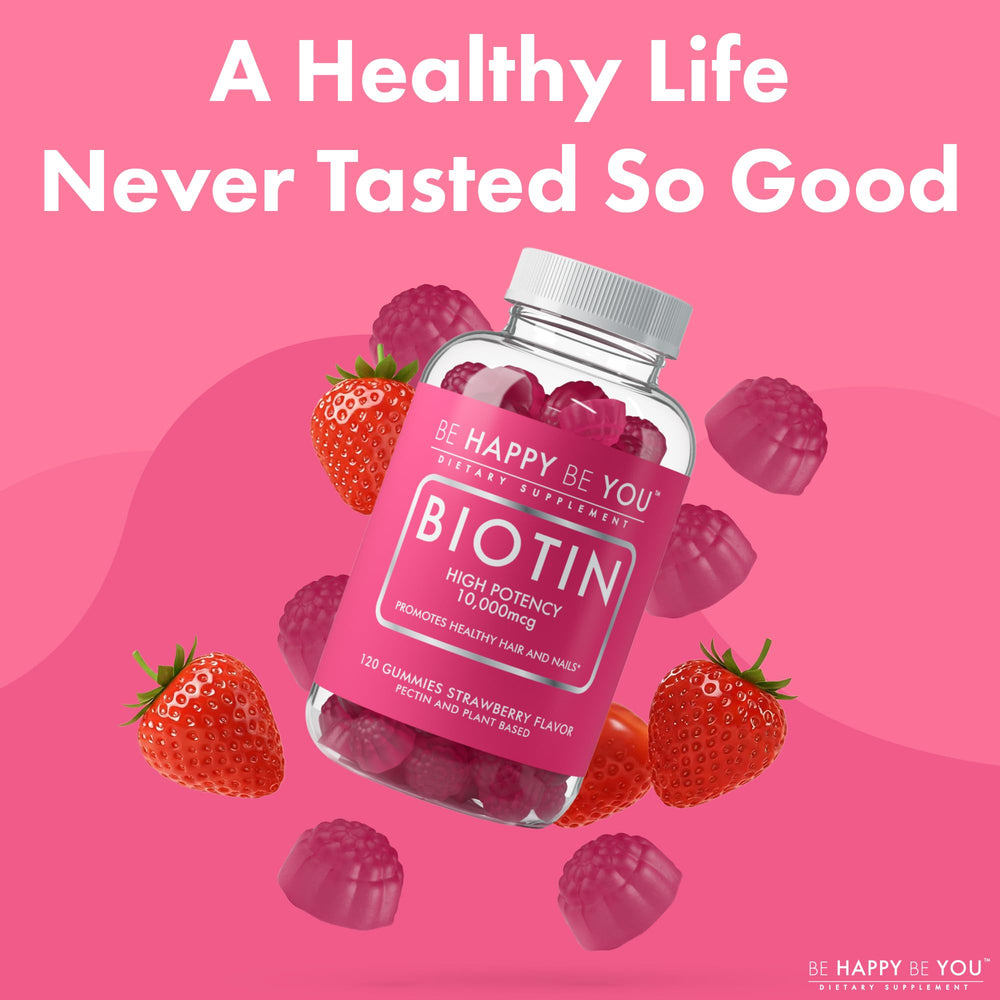 Vegan, Non-GMO, gelatin-free, gluten-free and dairy-free Be Happy Be You Biotin Gummies