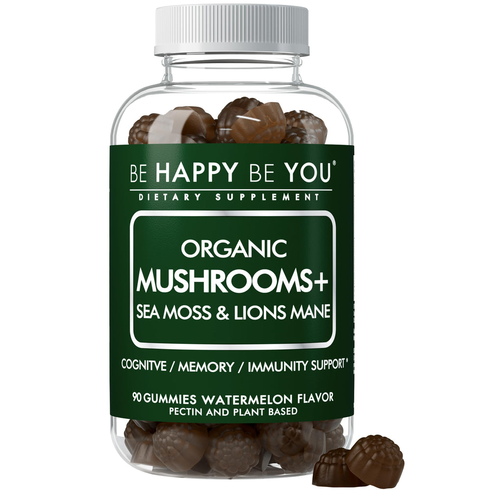 Be Happy Be You Organic Mushroom Sea Moss Gummies Watermelon 90 count bottle label