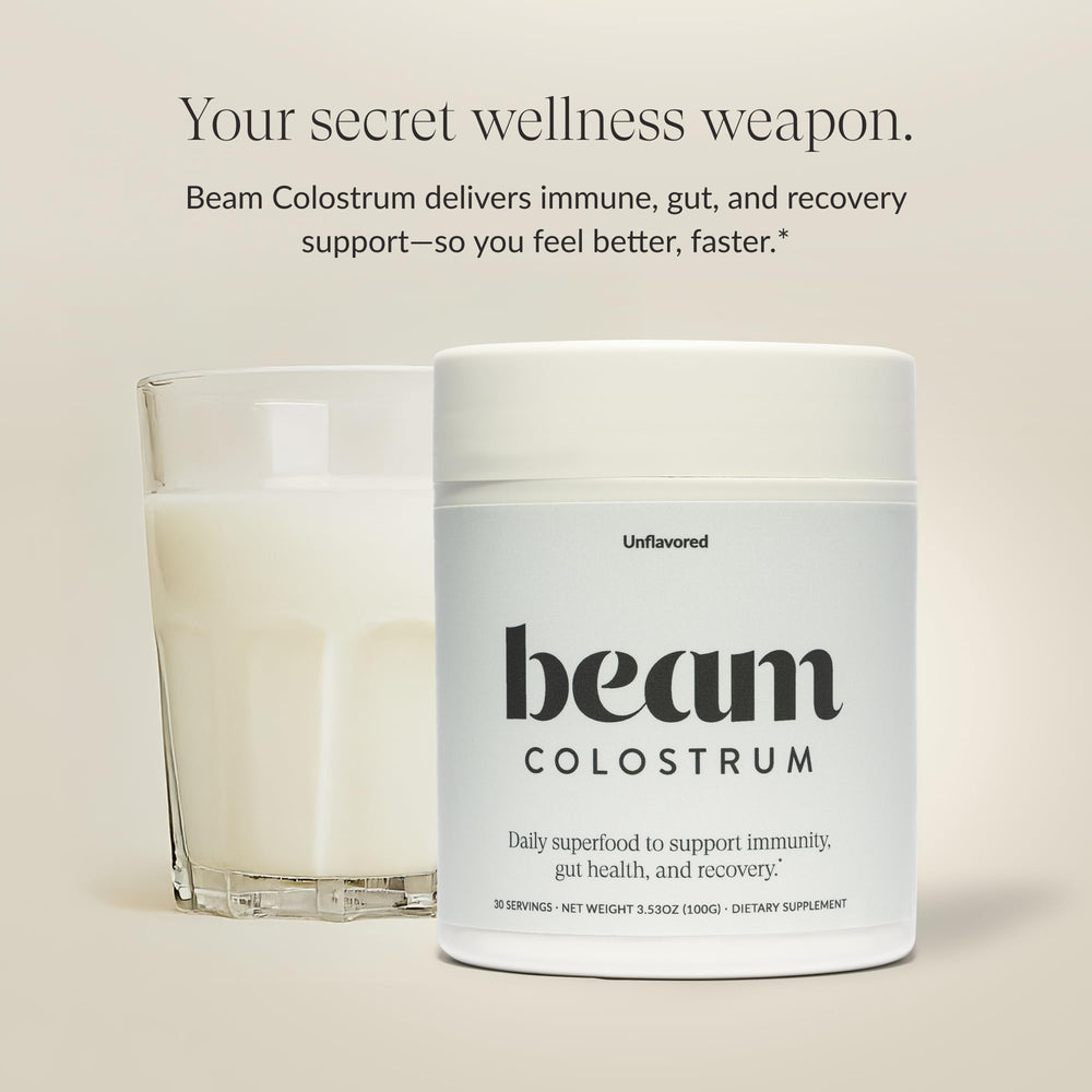 Beam Colostrum Powder bottle – back label with nutrition facts