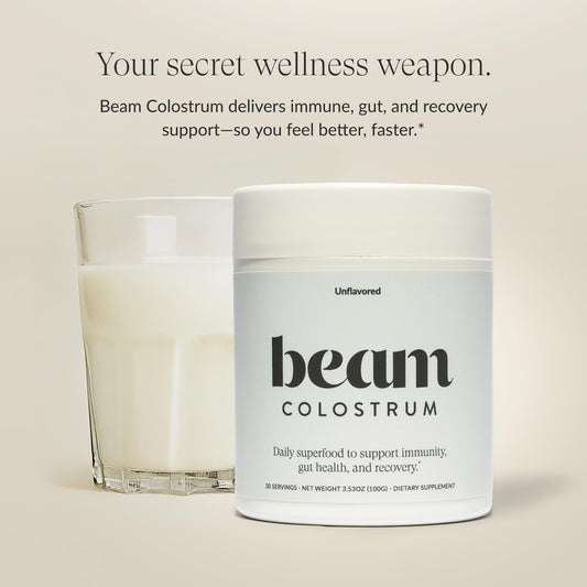 Beam Colostrum Powder bottle – back label with nutrition facts