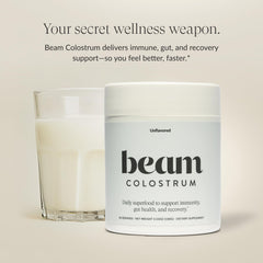 Beam Colostrum Powder bottle – back label with nutrition facts