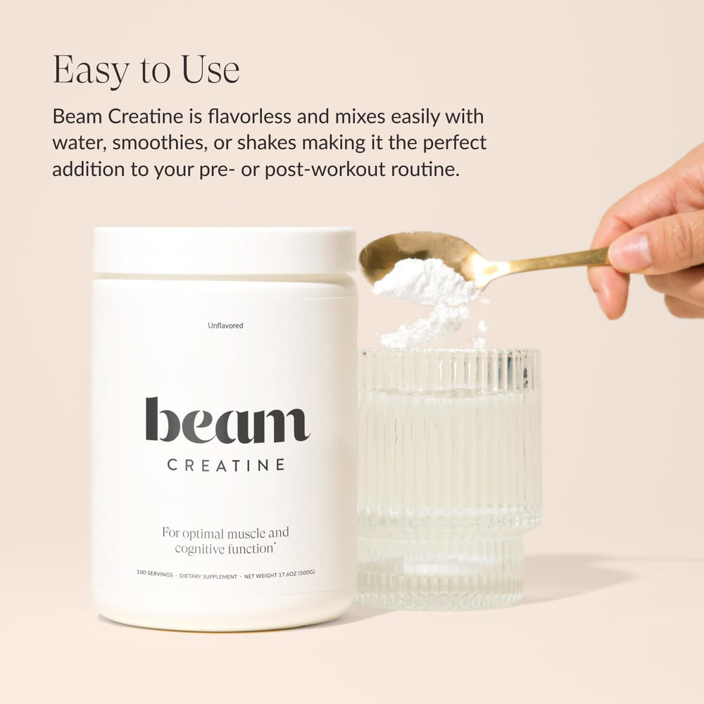 Beam Creatine Powder dissolves fast for smooth post-workout drinks.
