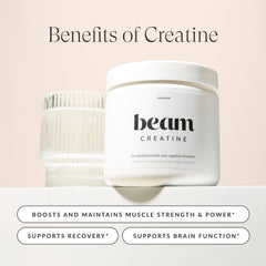 Nutrition label showing 30 servings on Beam Creatine Powder canister