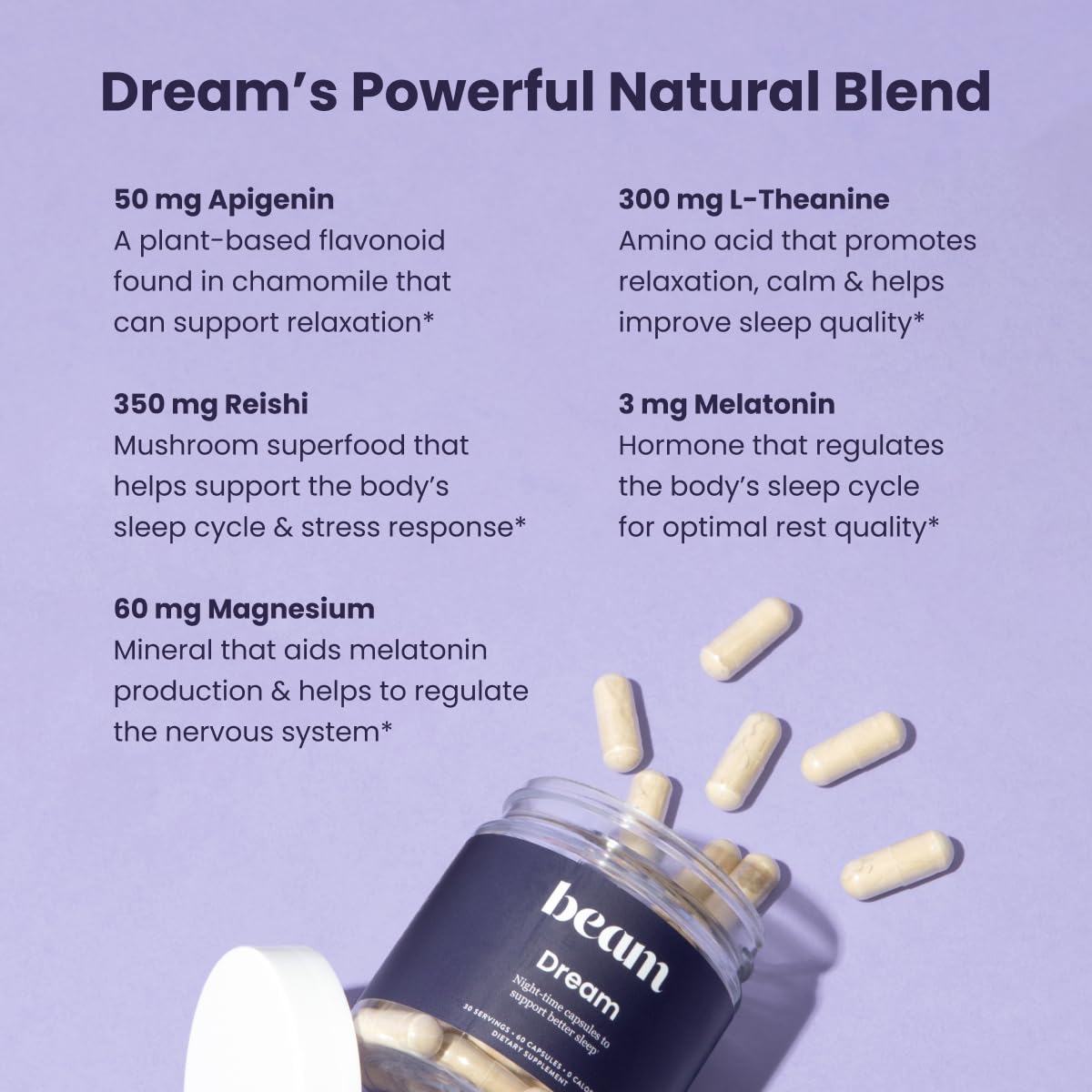 Front view of Beam Dream Sleep Capsules with 30 servings text