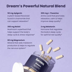 Front view of Beam Dream Sleep Capsules with 30 servings text