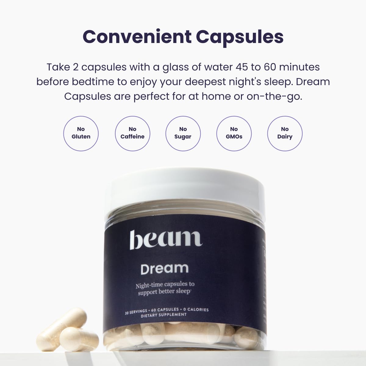 Calm nighttime scene with Beam Dream Sleep Capsules for relaxed sleep routine.