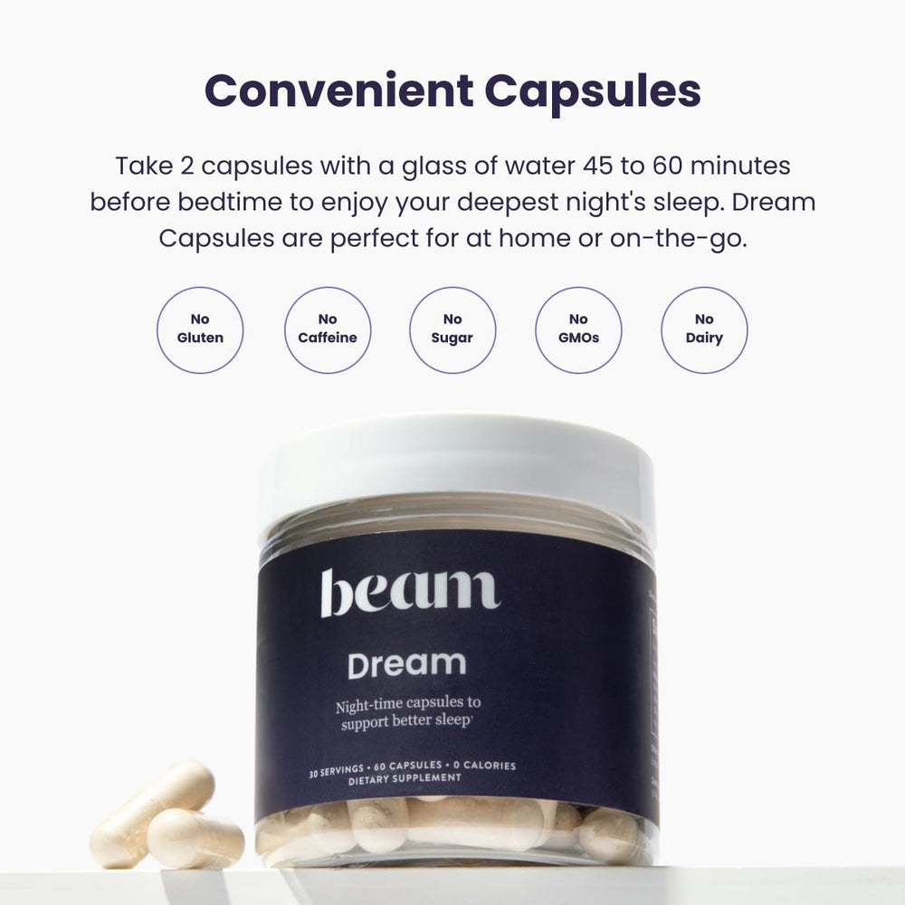 Calm nighttime scene with Beam Dream Sleep Capsules for relaxed sleep routine.