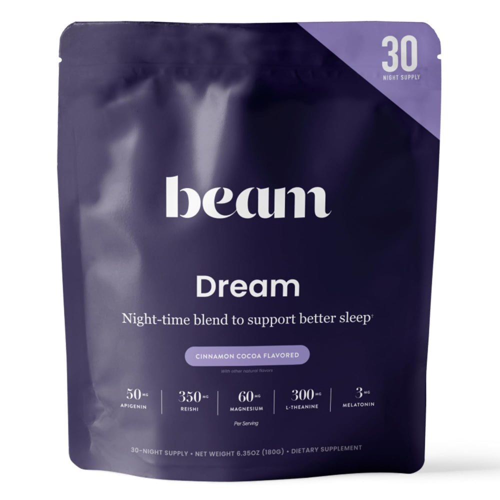 Beam Dream Sleep Powder bottle label with ingredients for nightly calm.