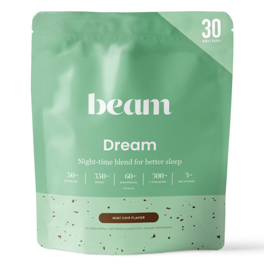 Beam Dream Sleep Powder hero image with packaging and scoop