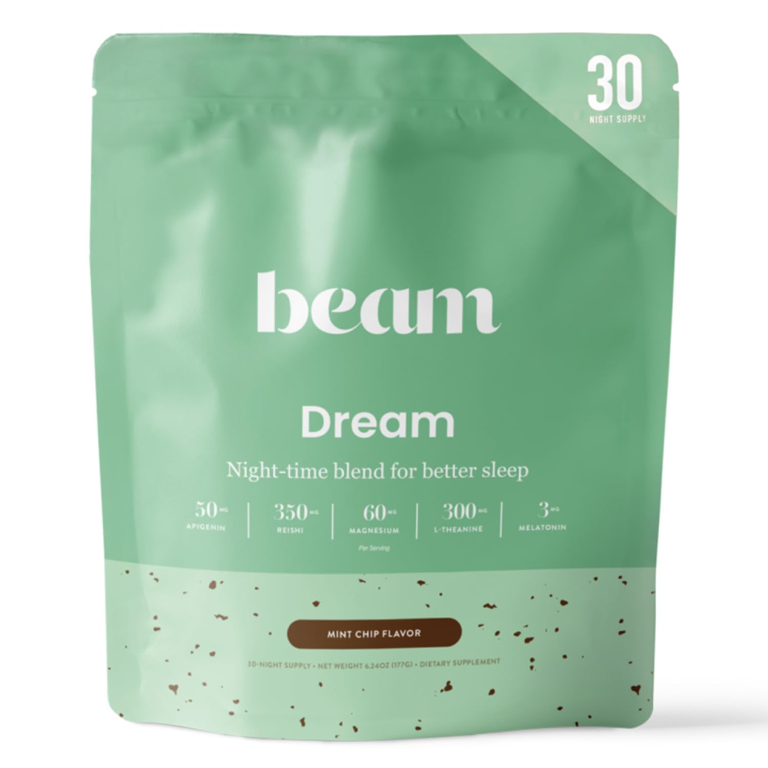 Beam Dream Sleep Powder tub front signals a calming sleeping routine.