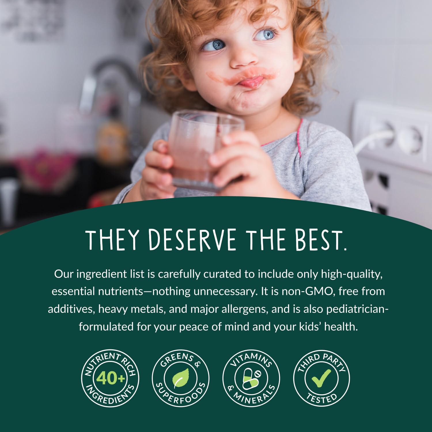 Glass of prepared Beam Kids shake with fruit and greens