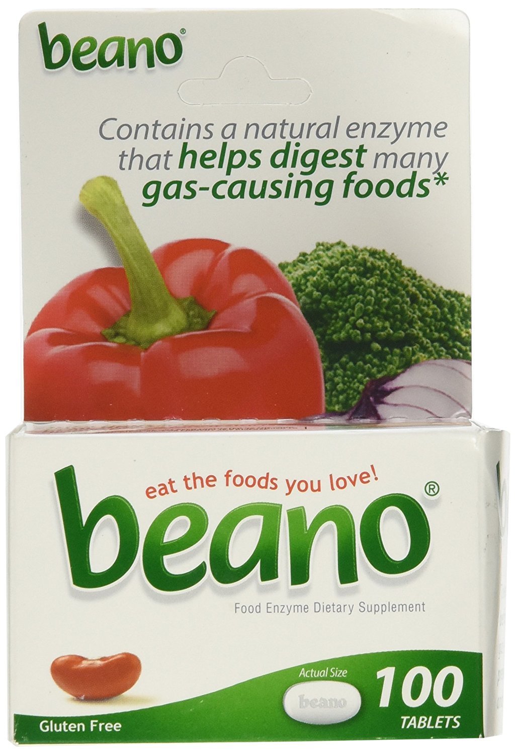 Beano Extra Strength tablets bottle close-up for gas prevention during meals.
