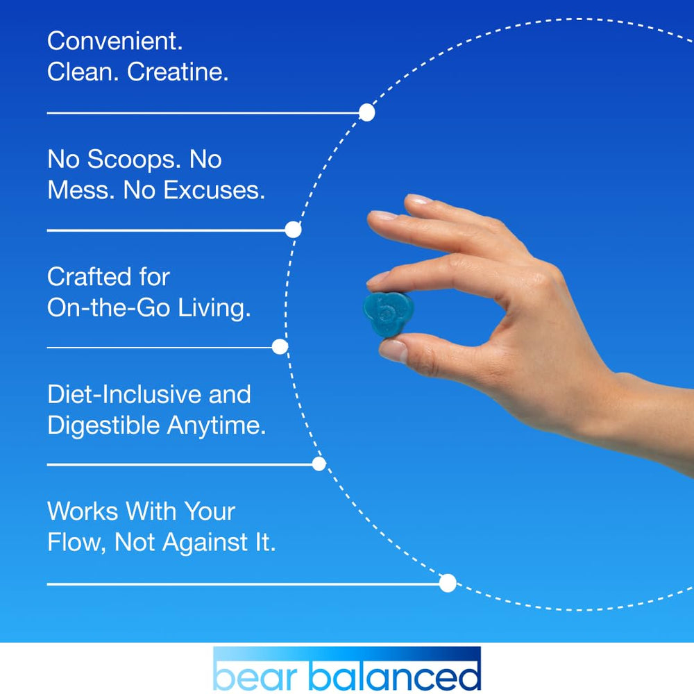 Bear Balanced Creatine Gummies on a workout bag demonstrates on the go daily support